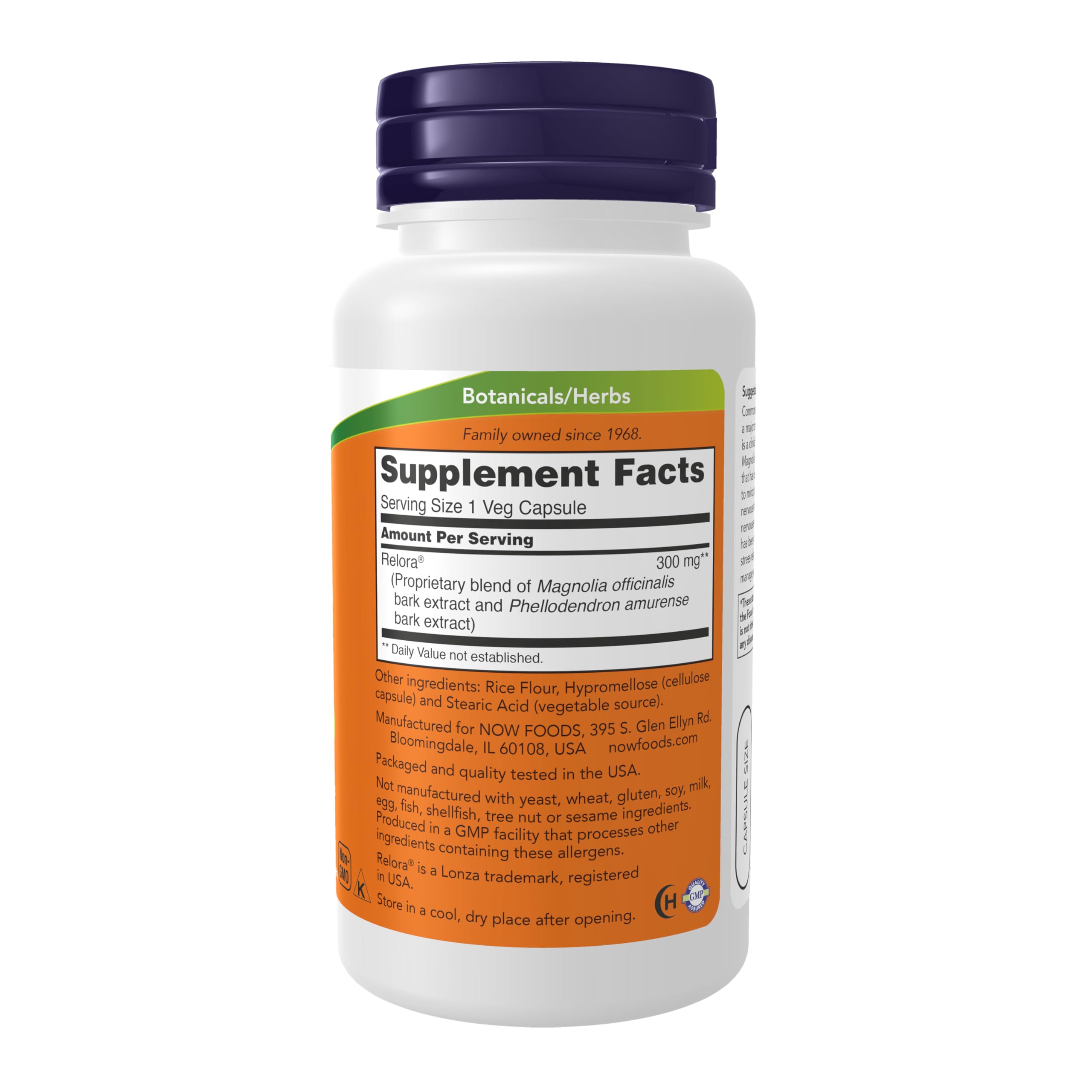 NOW Foods Relora capsules close-up showing plant-based blend for stress-related cravings