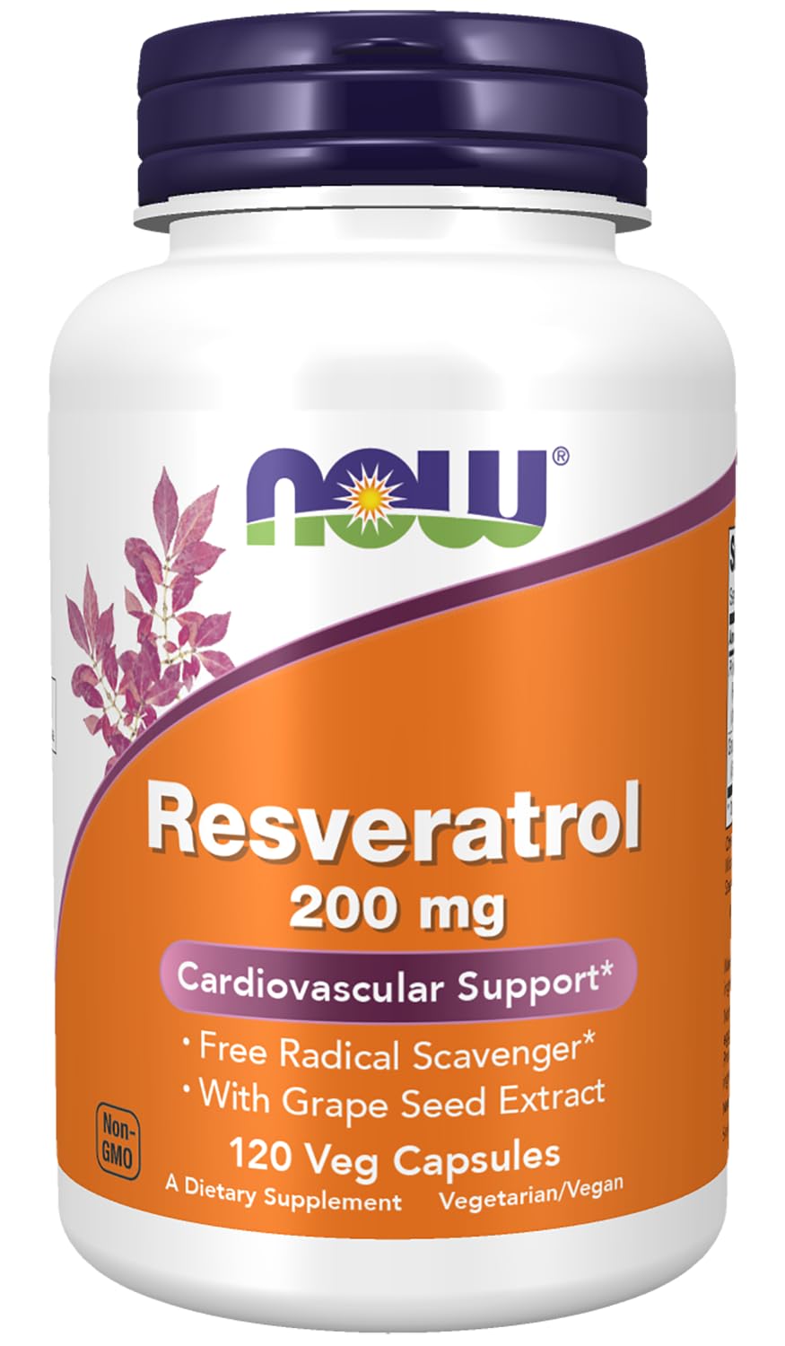NOW Foods Resveratrol 200 mg with Red Wine Extract bottle highlights antioxidant benefits.