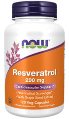 NOW Foods Resveratrol 200 mg with Red Wine Extract bottle highlights antioxidant benefits.