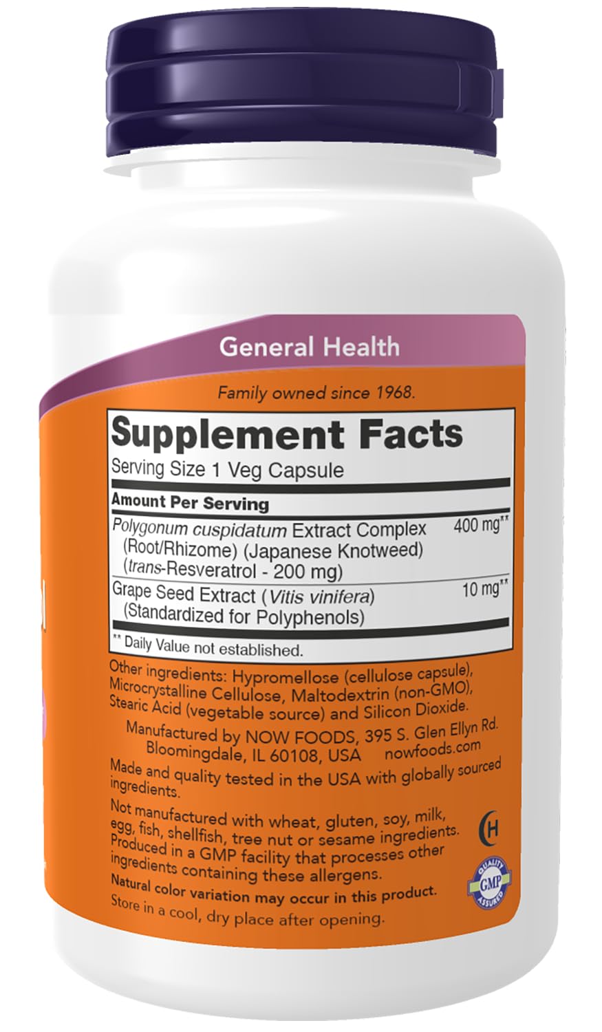 Close-up of NOW Foods Resveratrol capsules for daily vegan use.