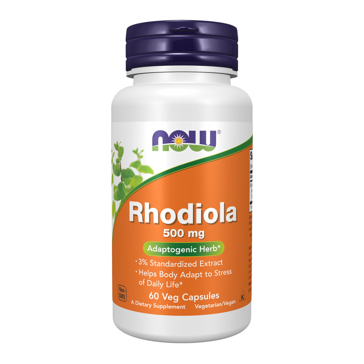 NOW Foods Rhodiola 500mg bottle displays label, suggesting standardized adaptogenic support for daily life.