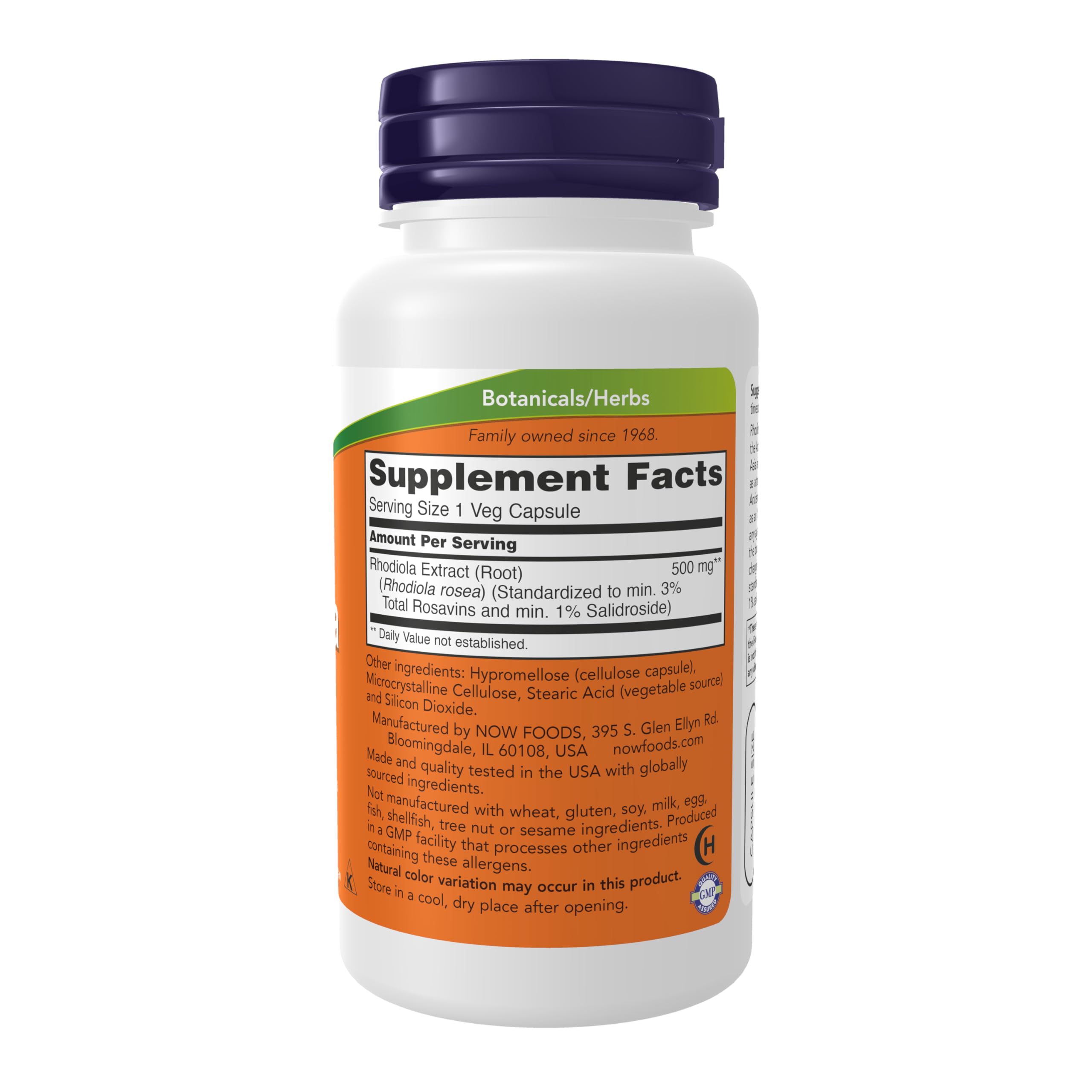 NOW Foods Rhodiola rosavins label highlights 3% rosavins and 1% salidroside benefits.