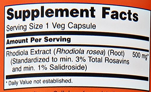 NOW Foods Rhodiola Rosea 500mg label highlights standardized extract.