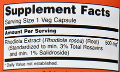 NOW Foods Rhodiola Rosea 500mg label highlights standardized extract.