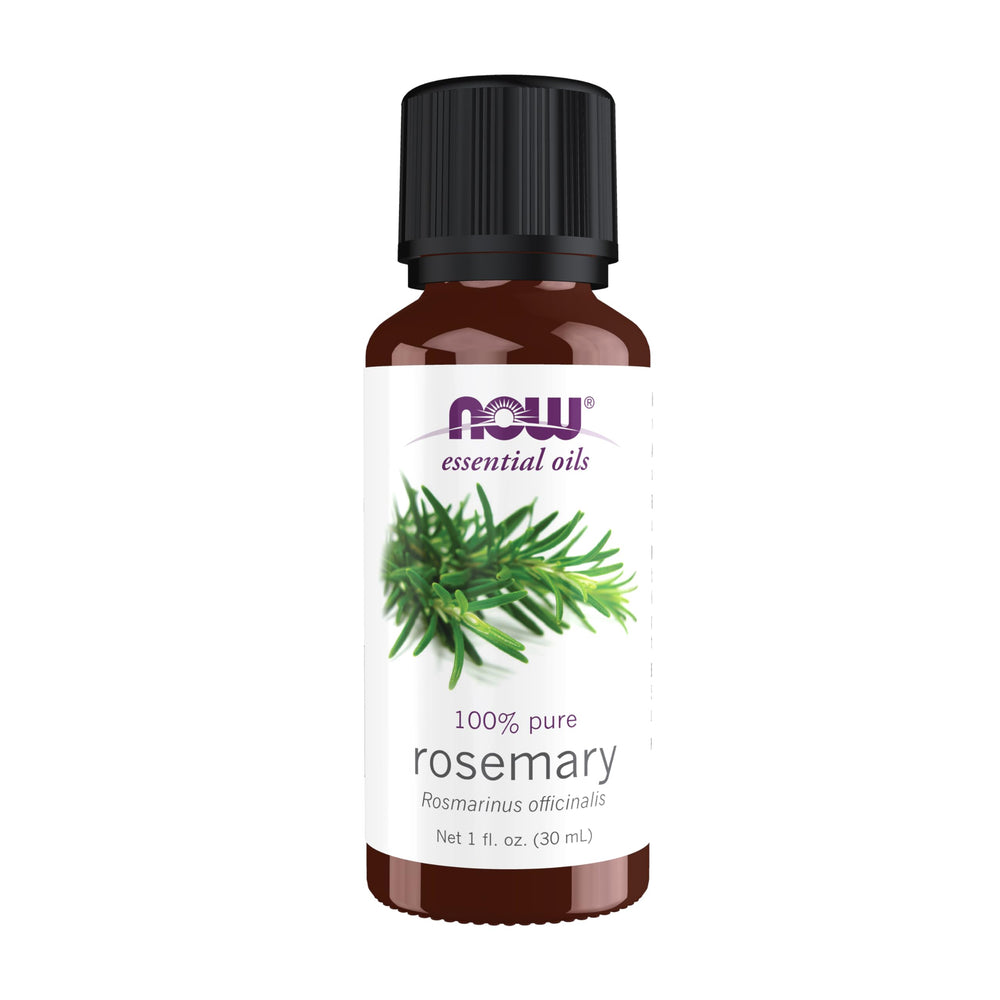 NOW Foods Rosemary Oil bottle pour shows pure aroma for diffusers.