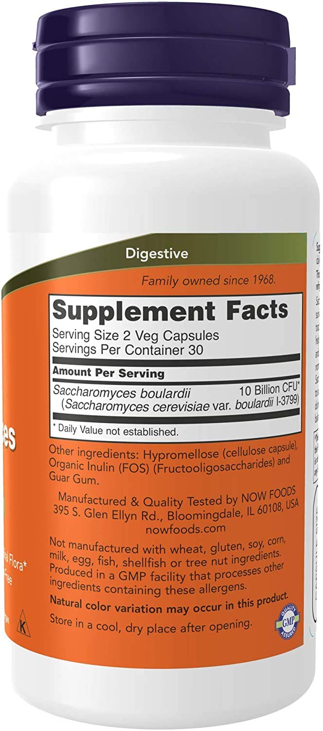 Now Foods Saccharomyces boulardii label showcases probiotic yeast with acid resistance for the gut.