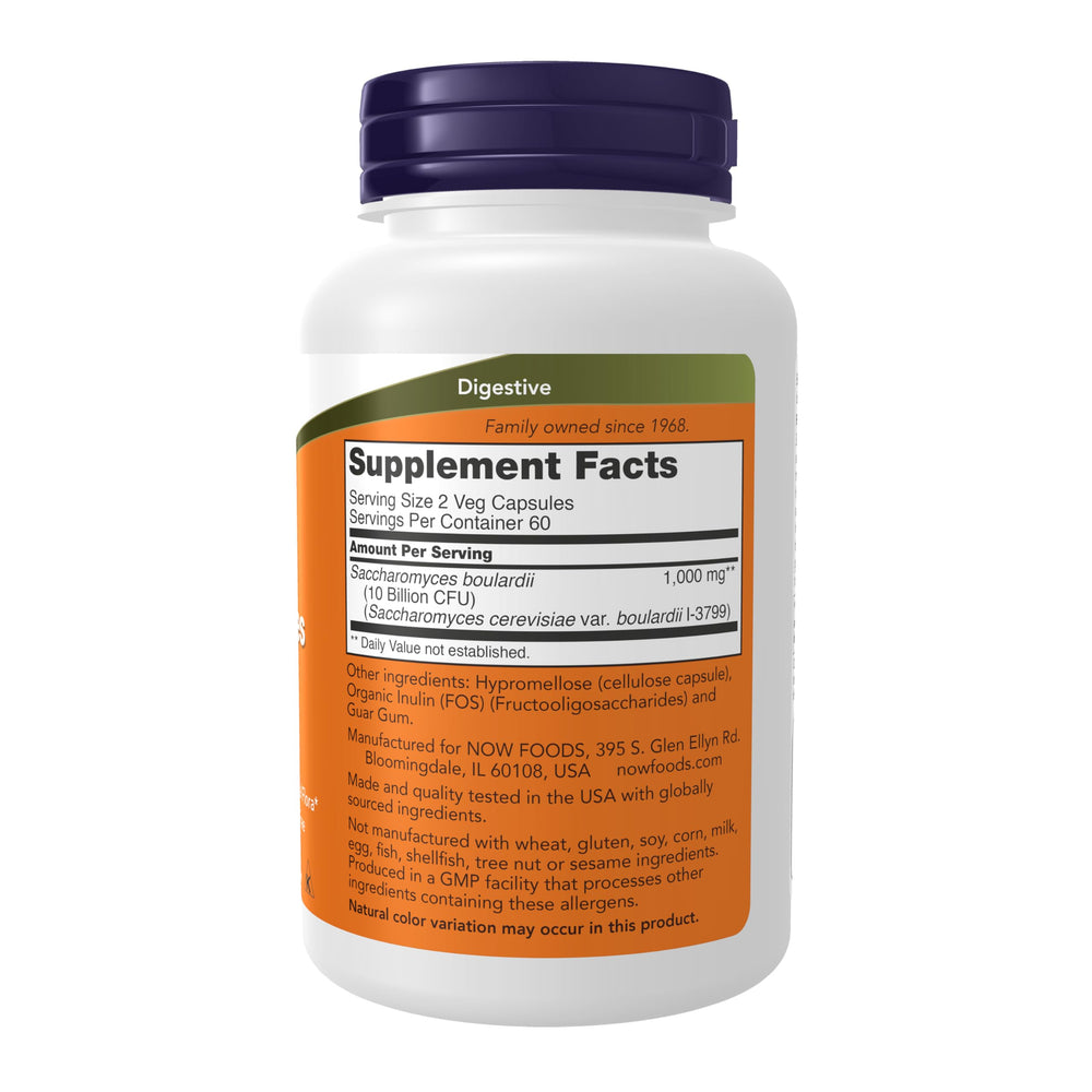NOW Foods Saccharomyces boulardii capsules on shelf ideal for travel.