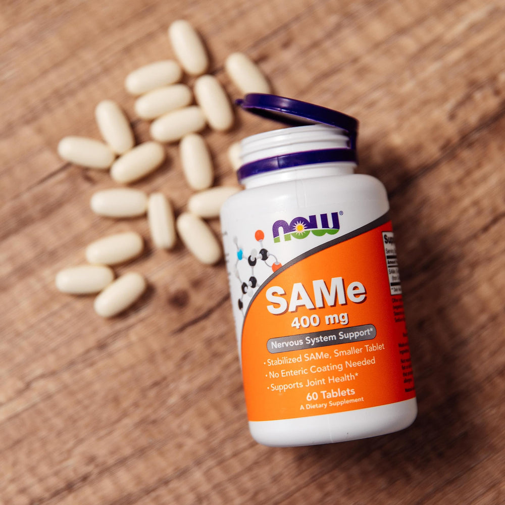 NOW Foods SAMe free-from icons indicating dairy, gluten, and soy free.