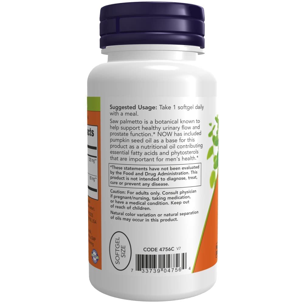NOW Foods Saw Palmetto Extract label shows 320 mg strength and ingredients.