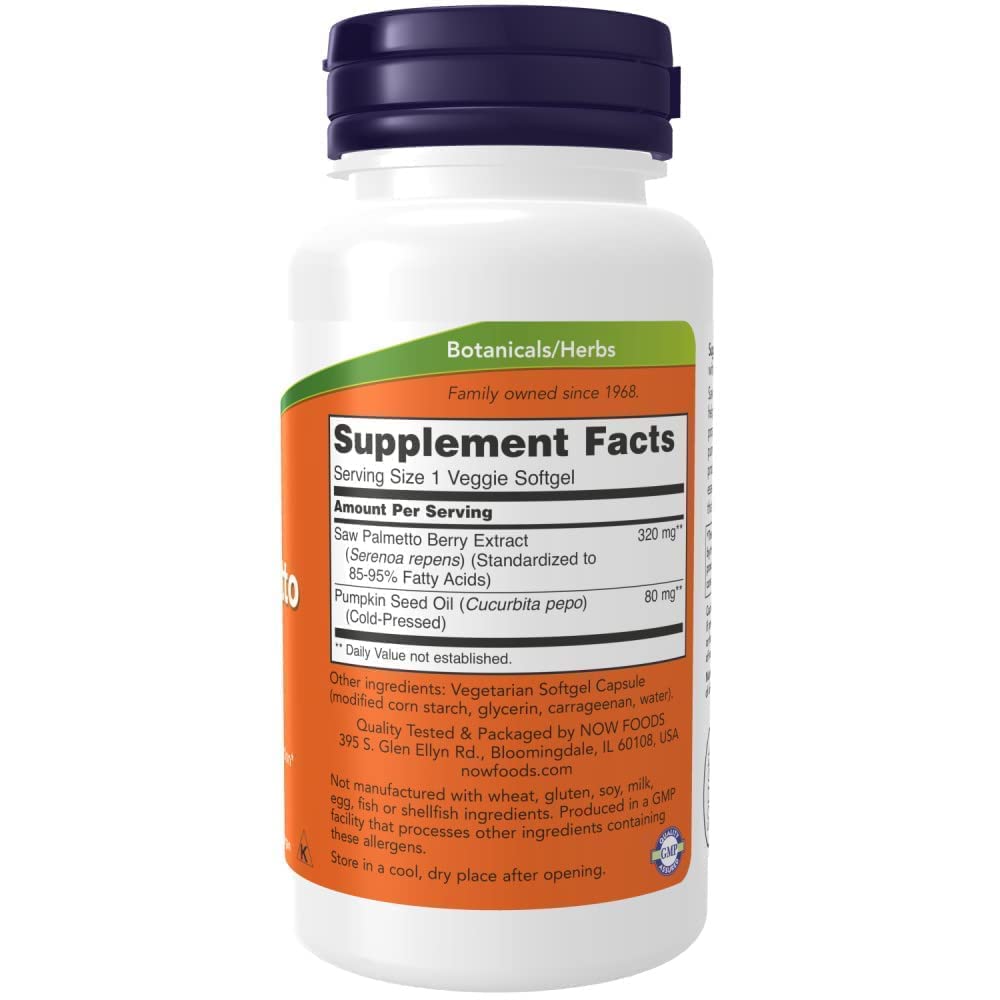 NOW Foods Saw Palmetto Extract softgels closeup highlighting easy daily dosing.