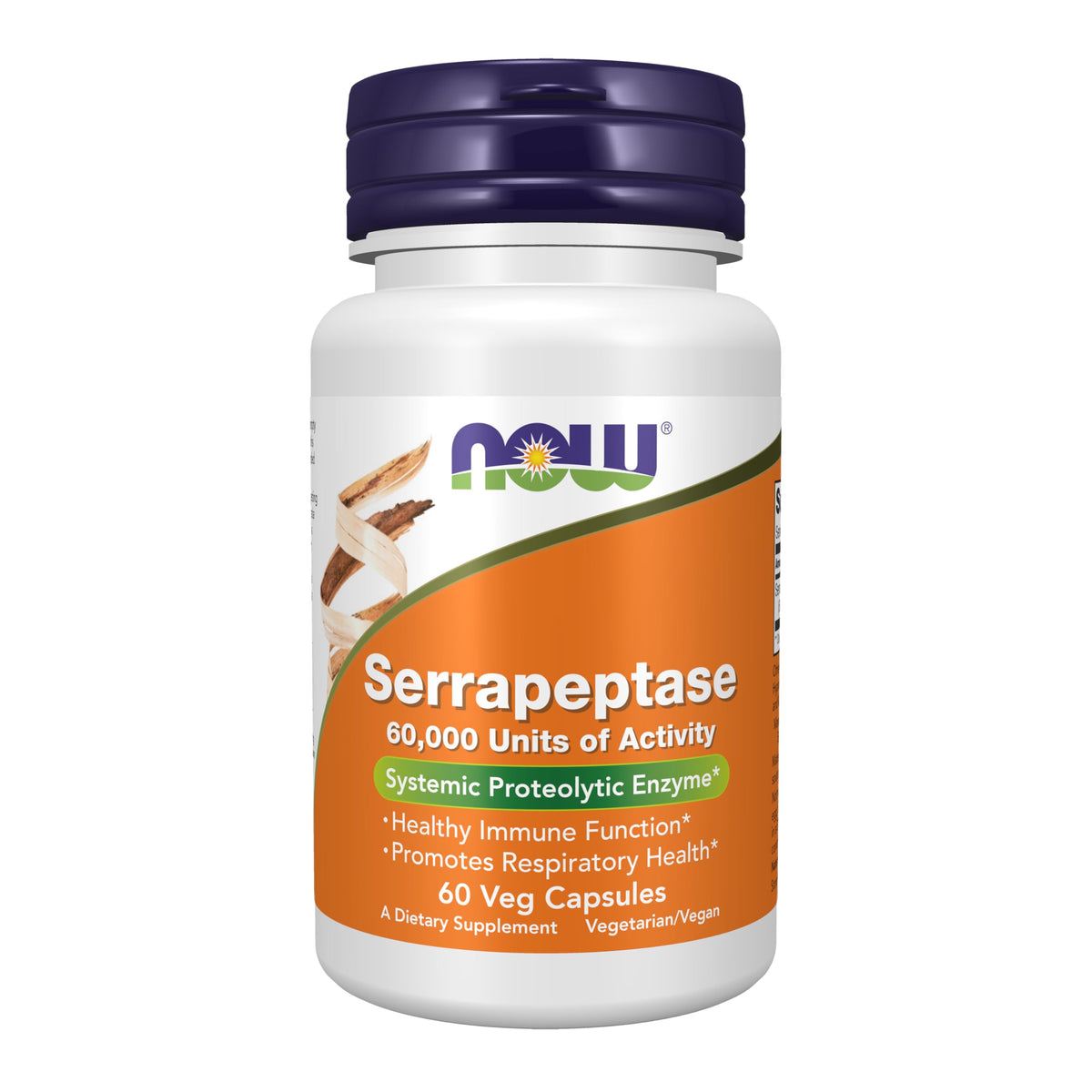 NOW Foods Serrapeptase bottle label shows active enzyme details for informed dosing.
