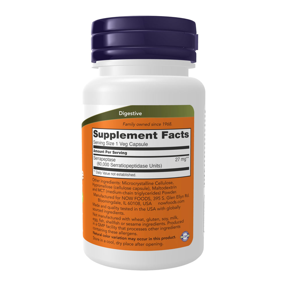 NOW Foods Serrapeptase capsules close-up for easy daily use and convenience.
