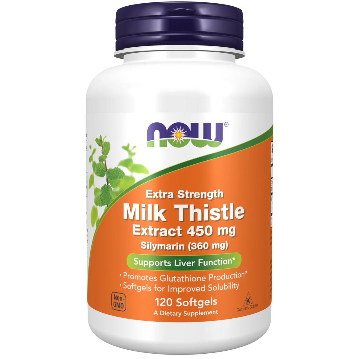 NOW Foods Silymarin bottle label shows extra strength 450 mg per softgel.