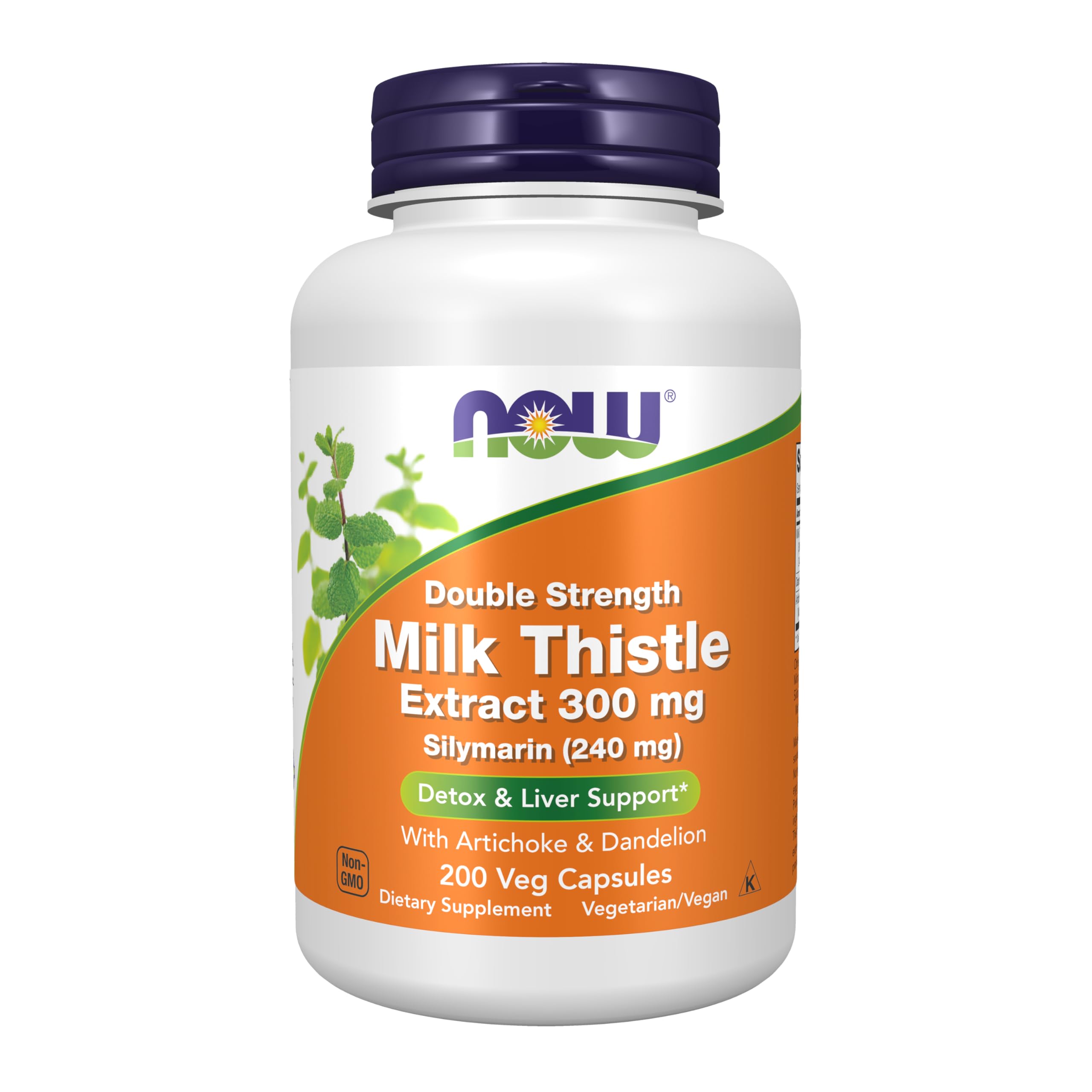 NOW Foods Silymarin Milk Thistle 300 mg bottle with artichoke and dandelion for potential liver-support