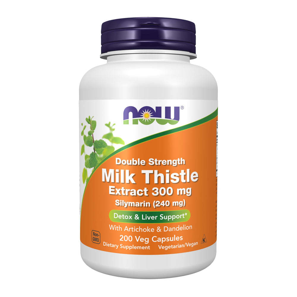 NOW Foods Silymarin Milk Thistle 300 mg bottle with artichoke and dandelion for potential liver-support