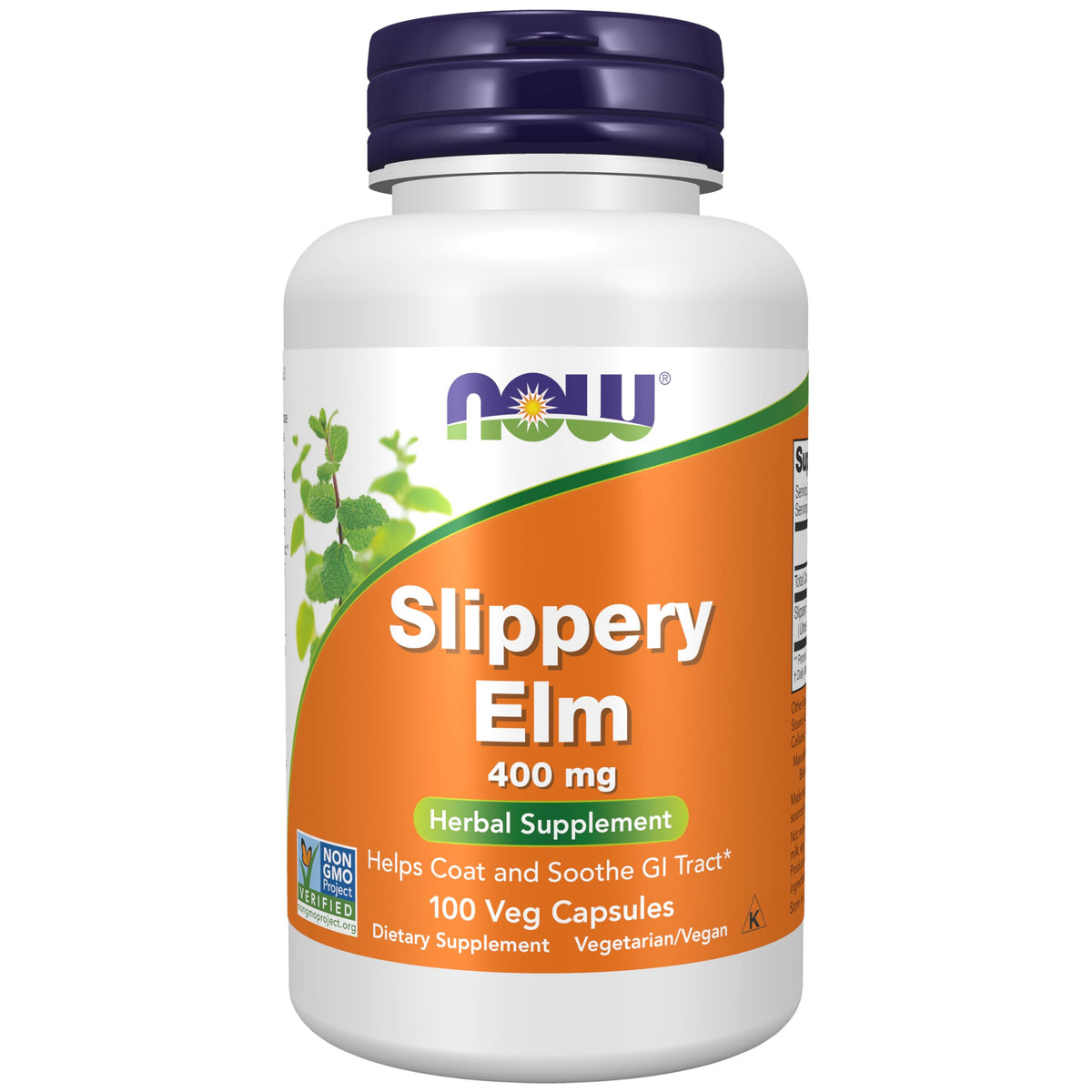 NOW Foods Slippery Elm 400 mg bottle front, designed for digestive support