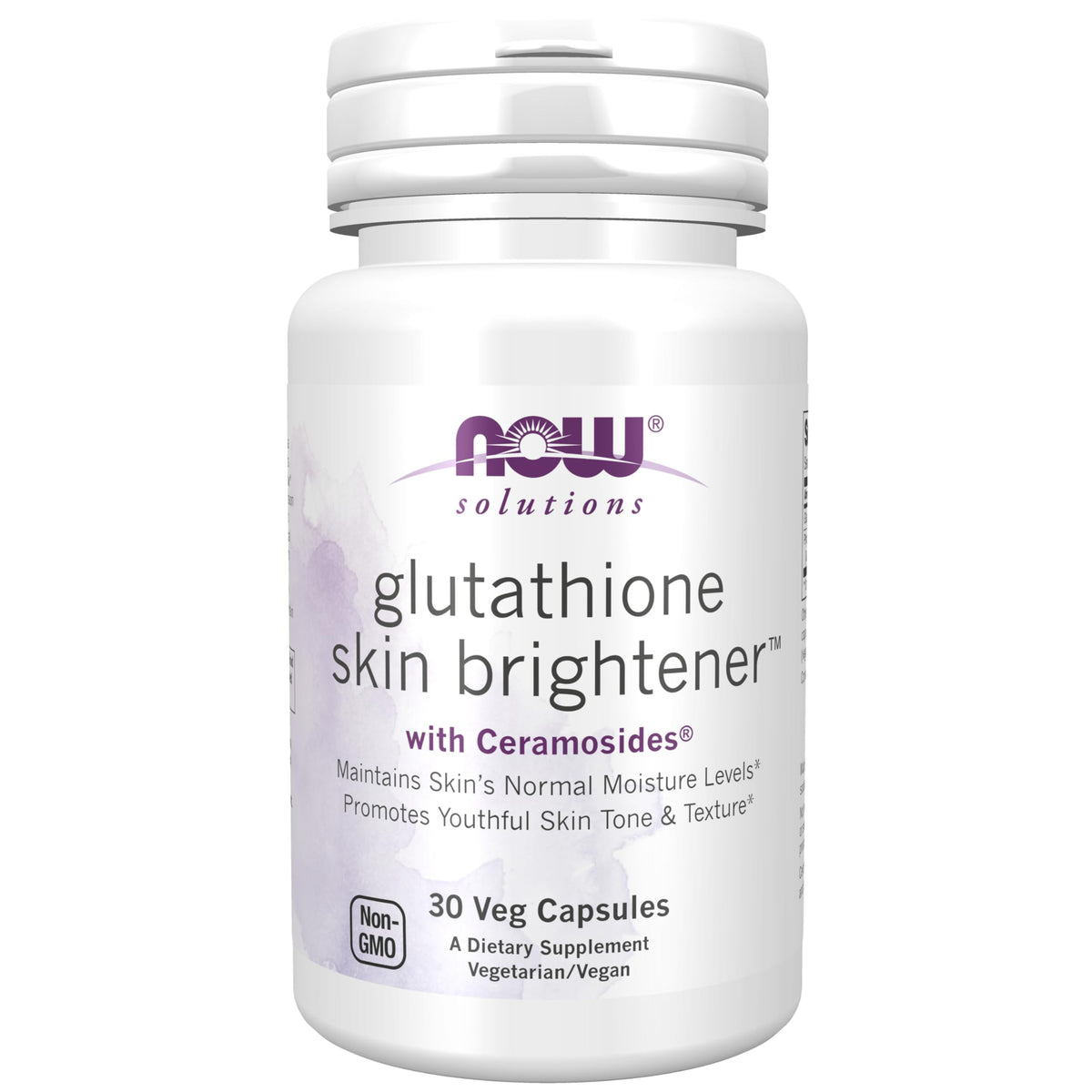 NOW Foods Glutathione Skin Brightener bottle with Ceramosides promotes a radiant, even-toned complexion.
