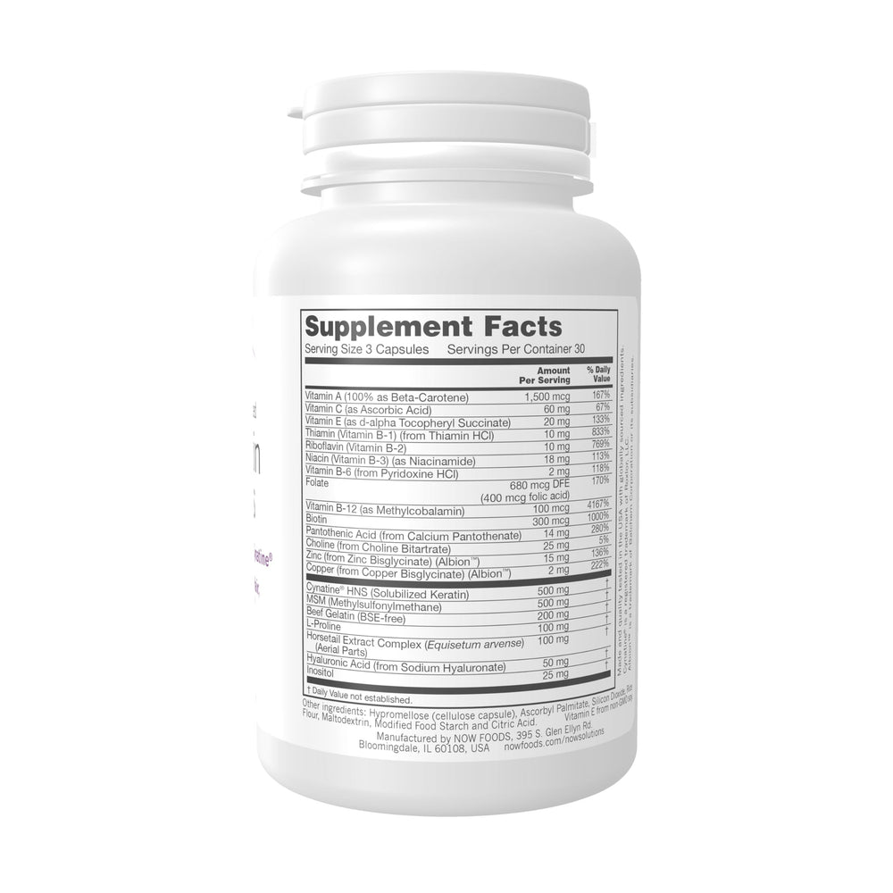 NOW Foods Solutions capsules close-up for daily hair and nails support.