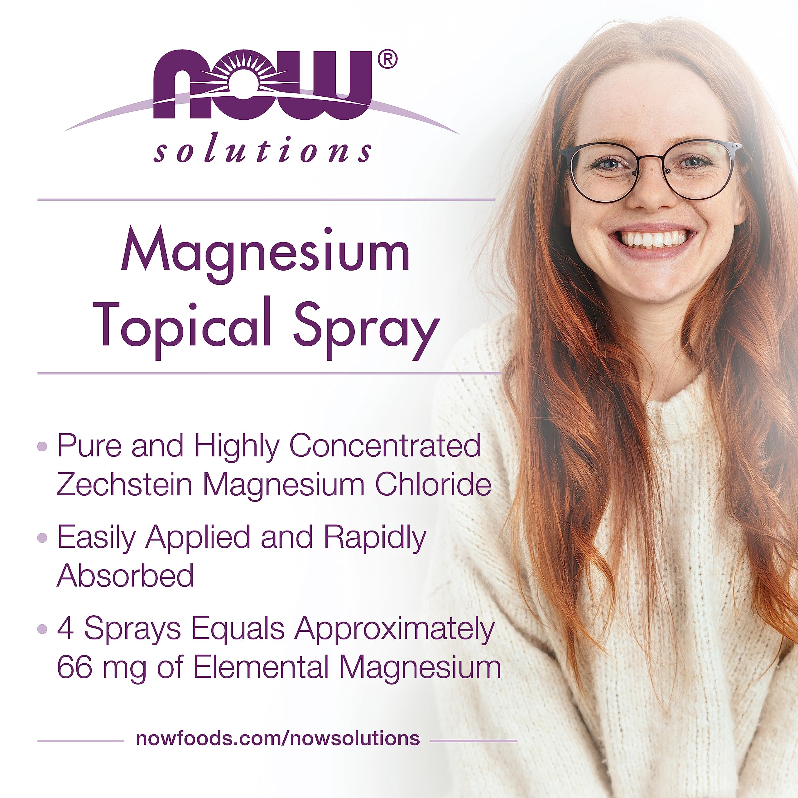 NOW Foods Solutions Spray Tópico de Magnesio, beneficio hidratante sin residuo graso.