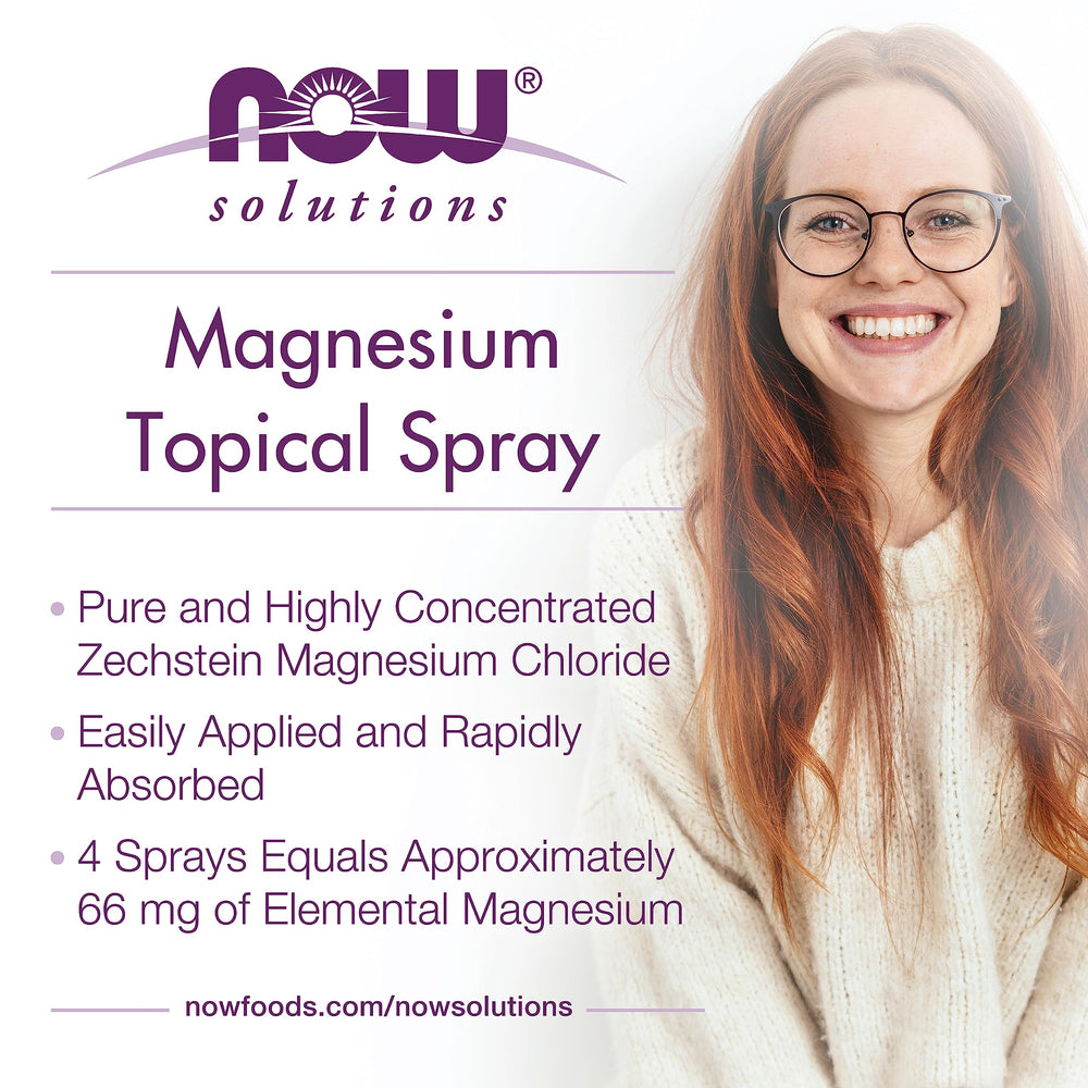 NOW Foods Solutions Spray Tópico de Magnesio, beneficio hidratante sin residuo graso.