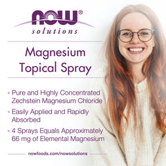 NOW Foods Solutions Spray Tópico de Magnesio, beneficio hidratante sin residuo graso.