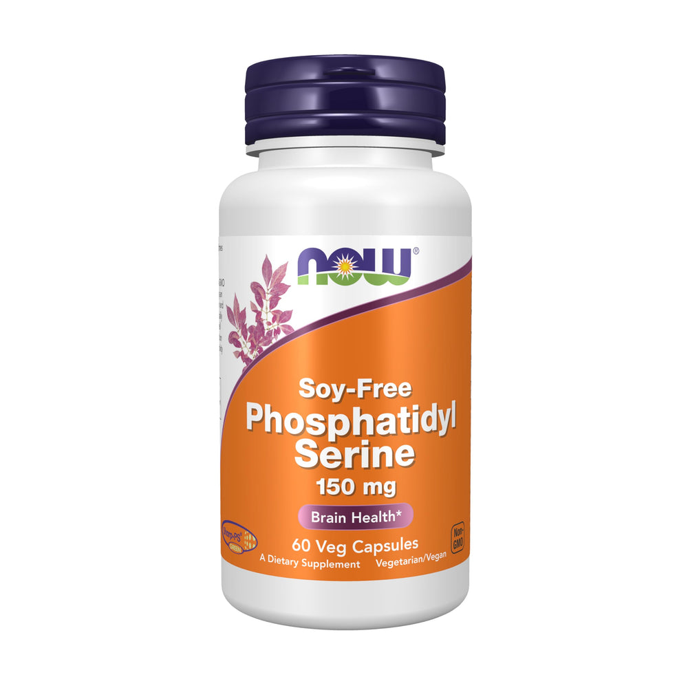 NOW Foods soy-free phosphatidyl serine bottle with 150 mg capsules for brain health support.