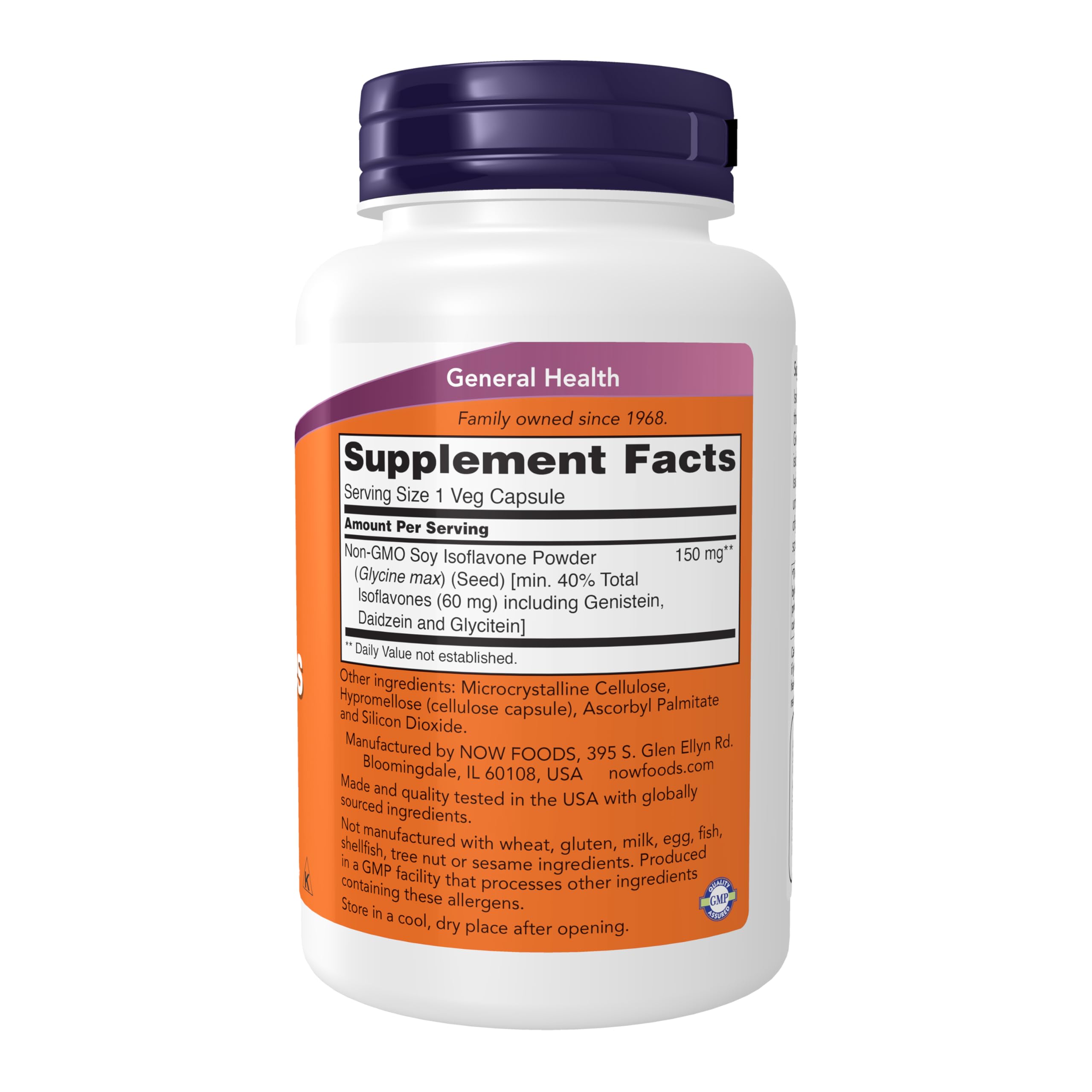 NOW Foods Soy Isoflavones capsules close up highlighting genistein daidzein and glycitein