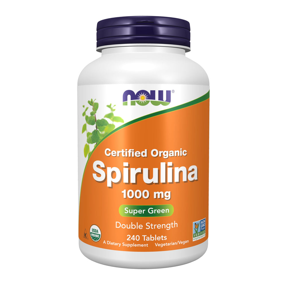 NOW Foods Spirulina 1000 mg bottle pour for easy daily use.