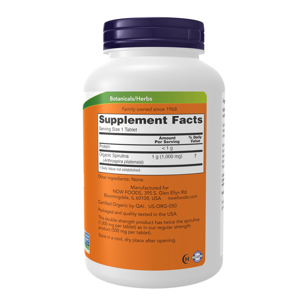 NOW Foods Spirulina double-strength 1000 mg tablet close-up for everyday nutrition.