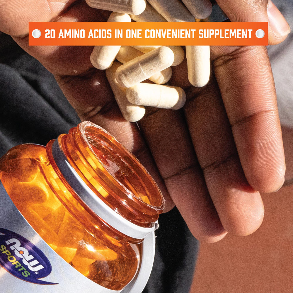 NOW Foods Amino Complete bottle-side emphasizes GMP quality and trusted manufacturing standards