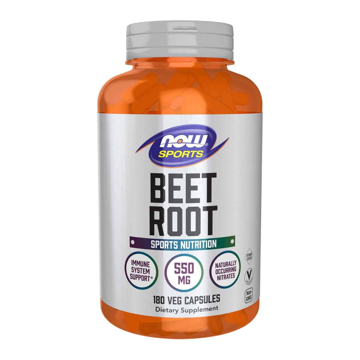 NOW Foods Sports Beet Root bottle with capsules highlighting immune-support potential