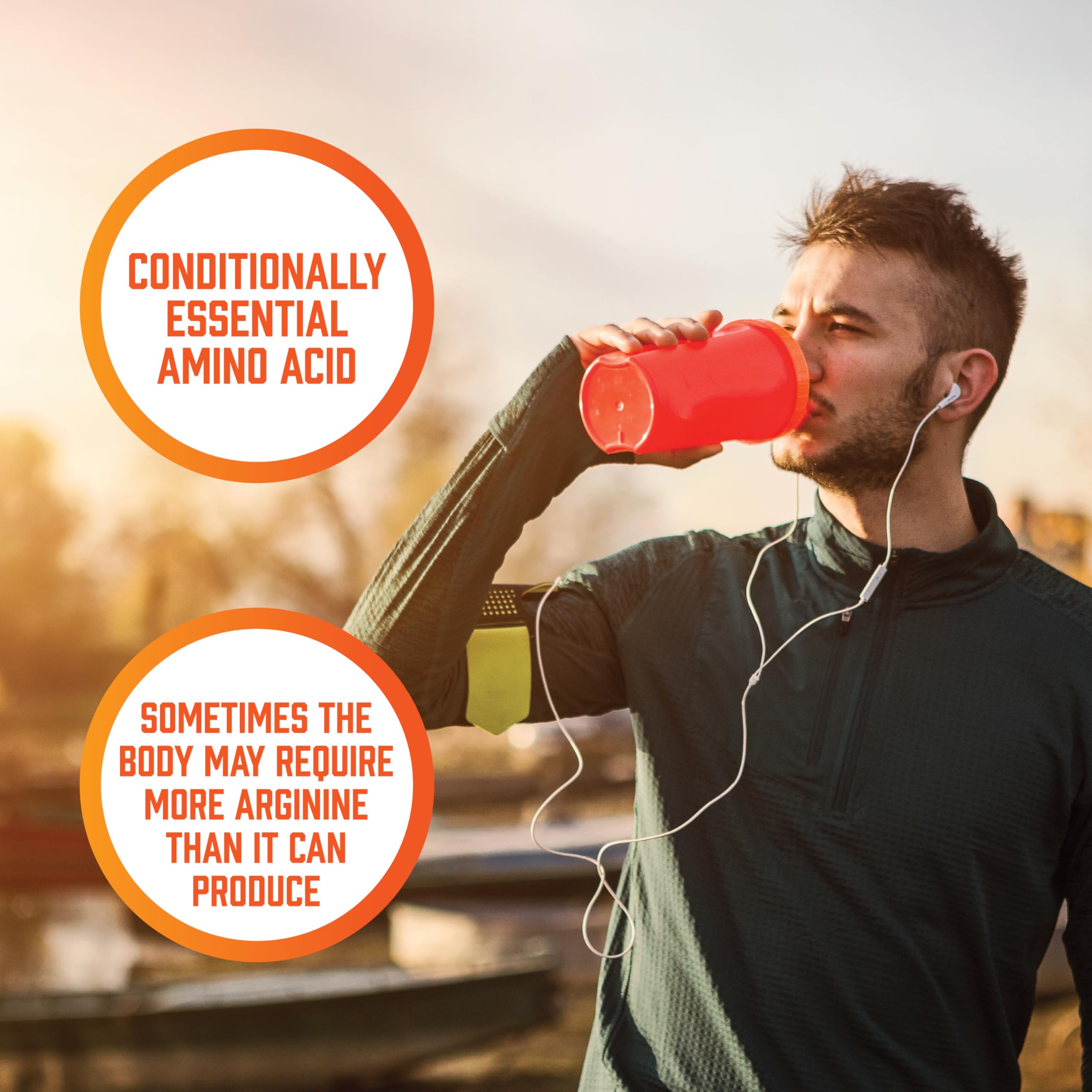 Now Foods sports nutrition arginine bottle shown in gym setting for workouts
