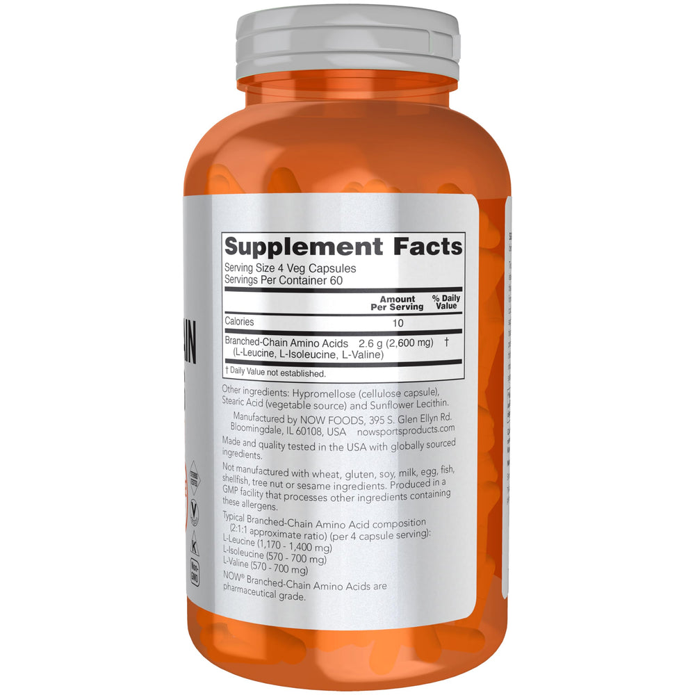 NOW Foods BCAAs capsules bottle back explains ingredients and serving size for informed use