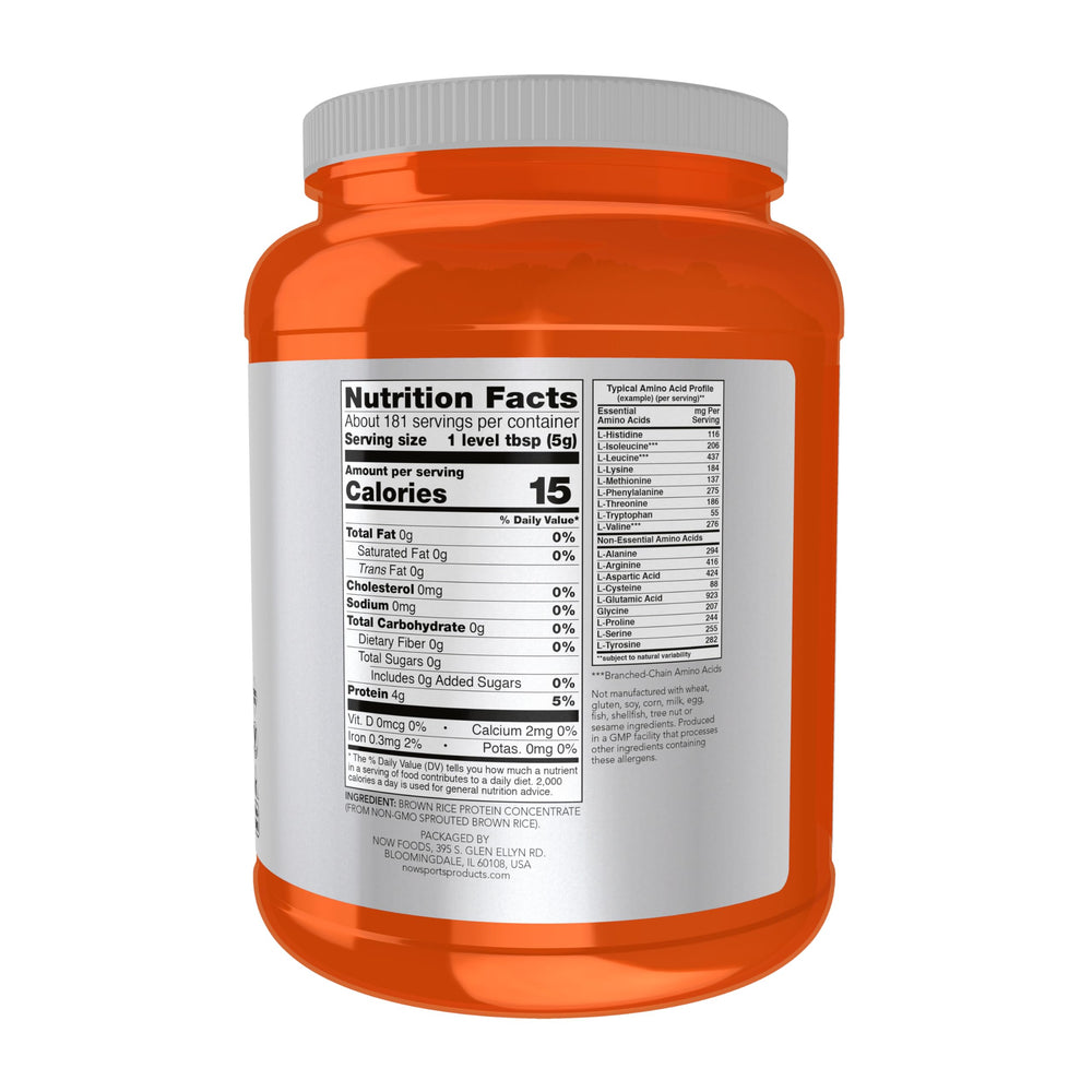 NOW Foods Sprouted Brown Rice Protein label close-up showing 80 percent protein content