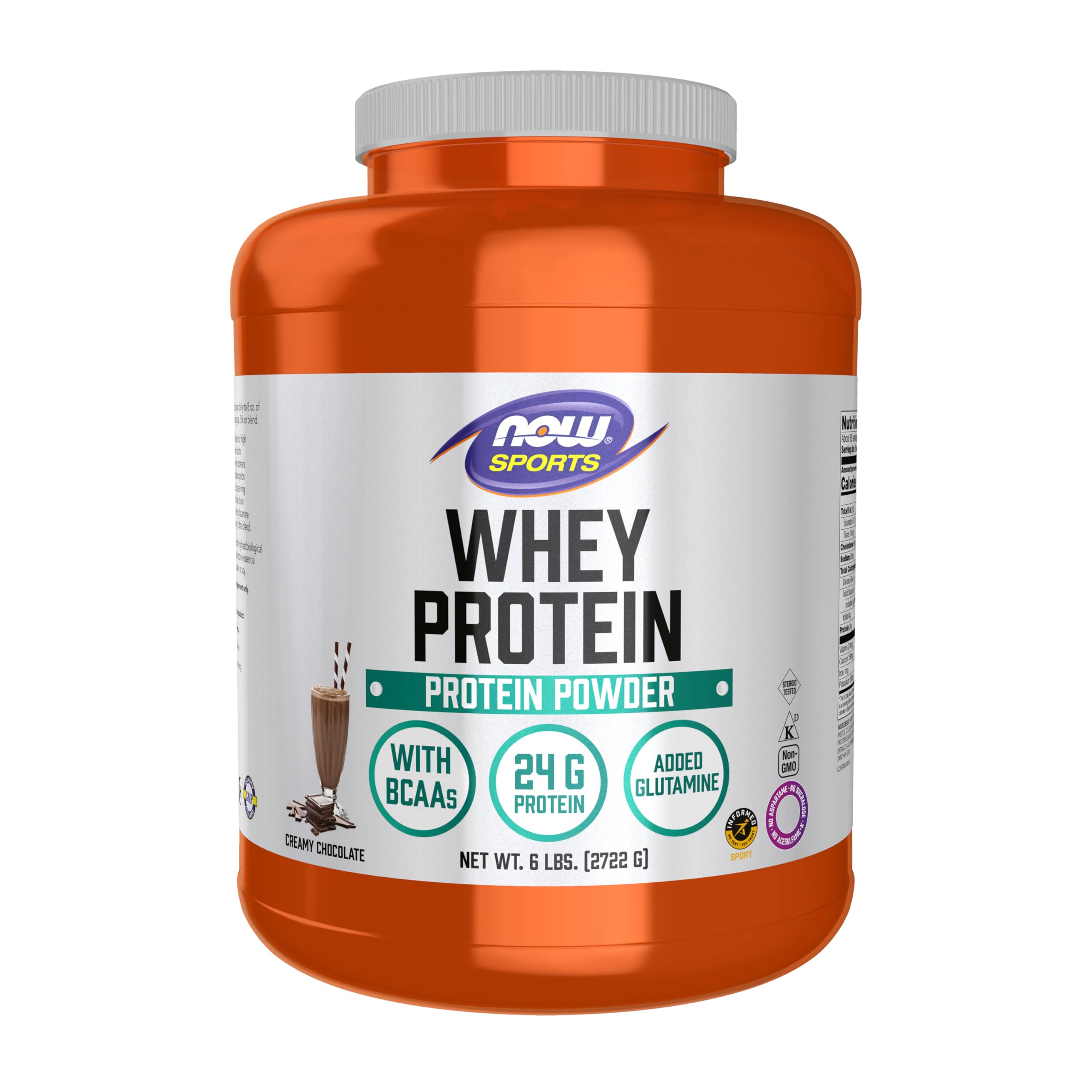 NOW Foods Whey Protein Creamy Chocolate jar showing smooth texture for post-workout recovery.