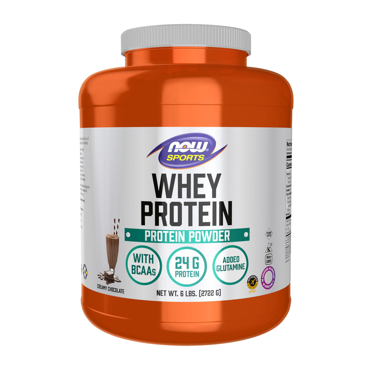 NOW Foods Whey Protein Creamy Chocolate jar showing smooth texture for post-workout recovery.
