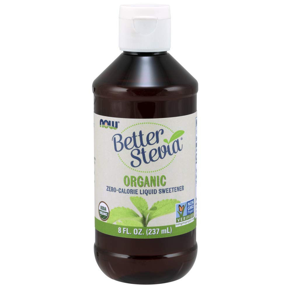NOW Foods Stevia Extract Organic 8 oz bottle shows zero-calorie sweetness for beverages.