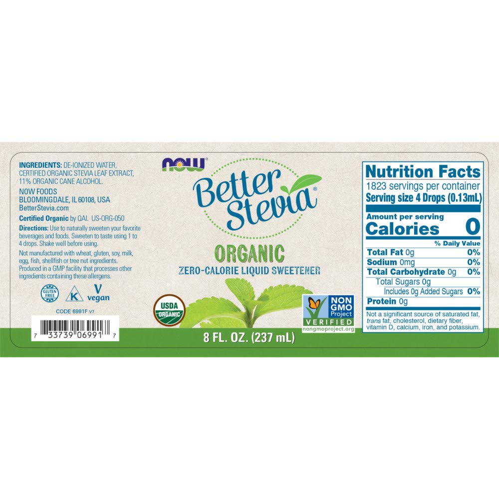 NOW Foods Stevia Extract Organic bottle pouring, a natural sweetener for coffee and tea.