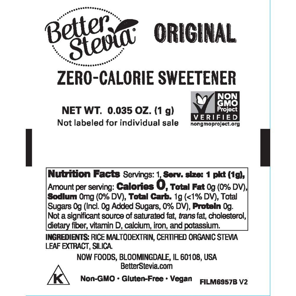NOW Foods Stevia packets label shows no artificial colors or flavors for clean sweetness