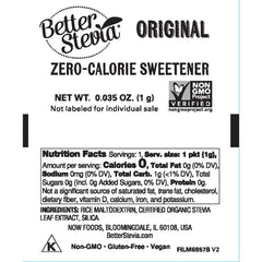 NOW Foods Stevia packets label shows no artificial colors or flavors for clean sweetness