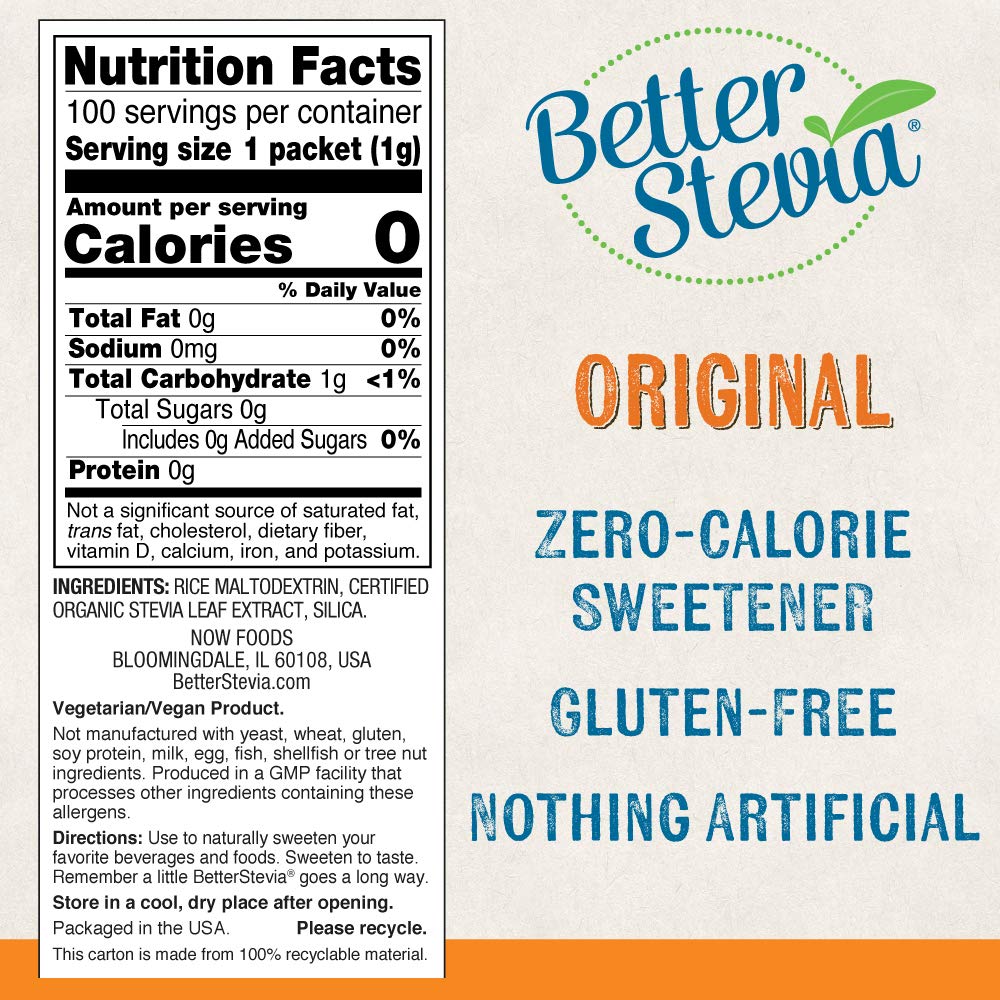 NOW Foods Stevia extract packets contents ready to sweeten coffee or tea without calories