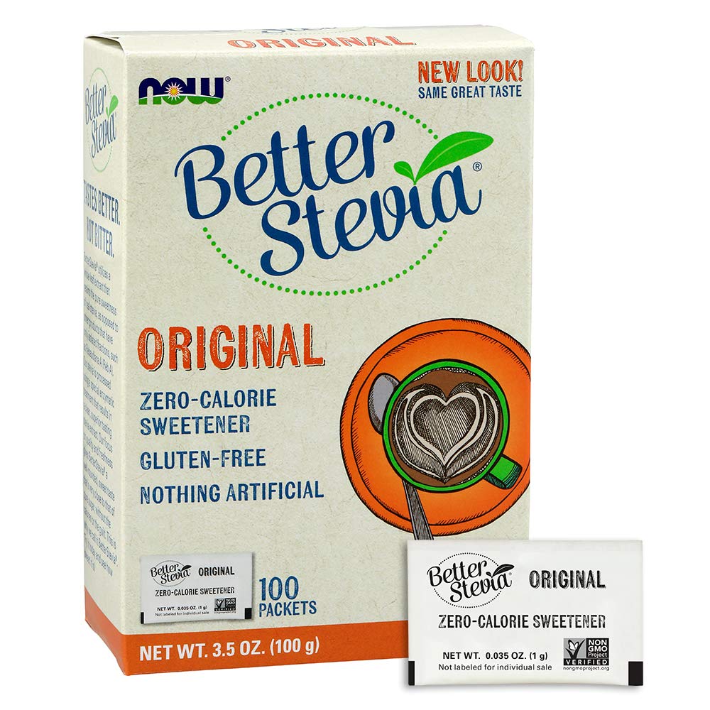 NOW Foods Stevia TwinPack box side emphasizes recyclable packaging for eco-conscious users