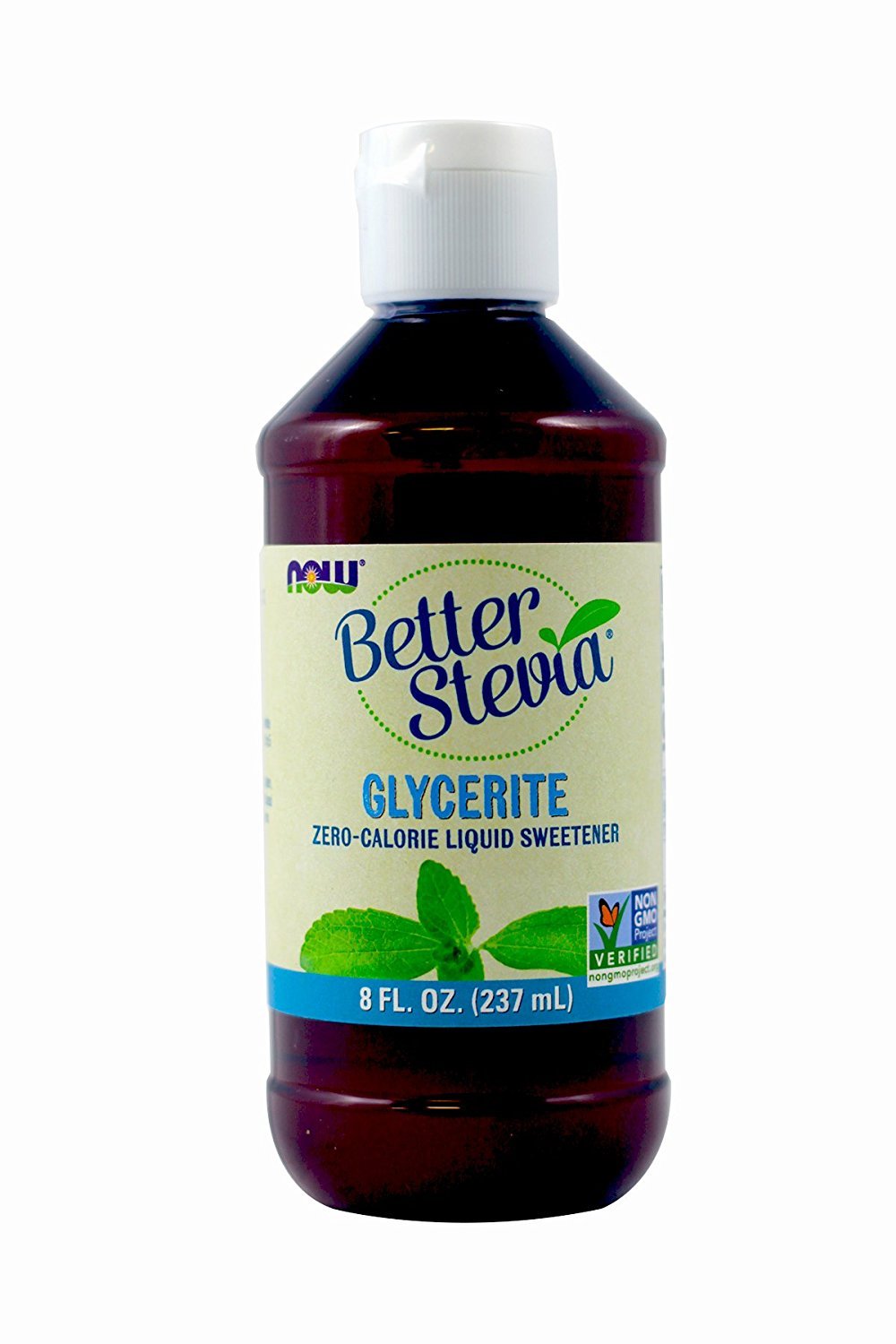 NOW Foods Stevia Glycerite bottle front label, sugar-free sweetness for beverages.