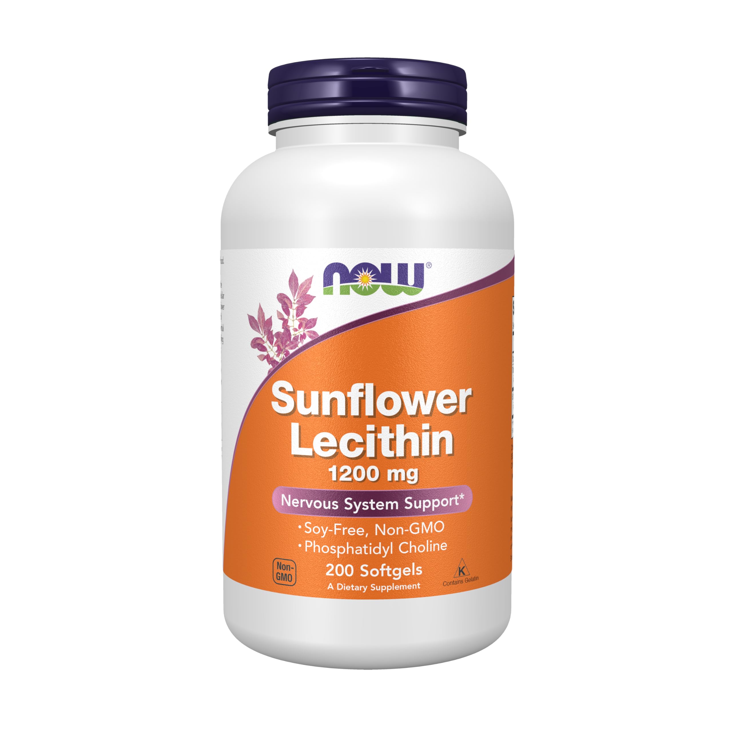 NOW Foods Sunflower Lecithin softgels bottle, 200-count, emphasizes fat emulsification for meal mixing