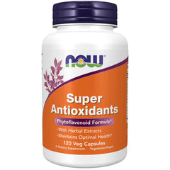 NOW Foods Super Antioxidants bottle label highlighting broad flavonoid blend for daily antioxidant support