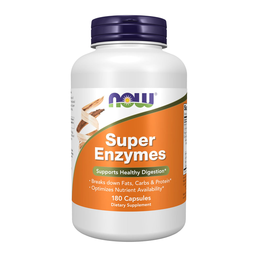 NOW Foods Super Enzymes bottle label highlights the enzyme blend for digestion support.