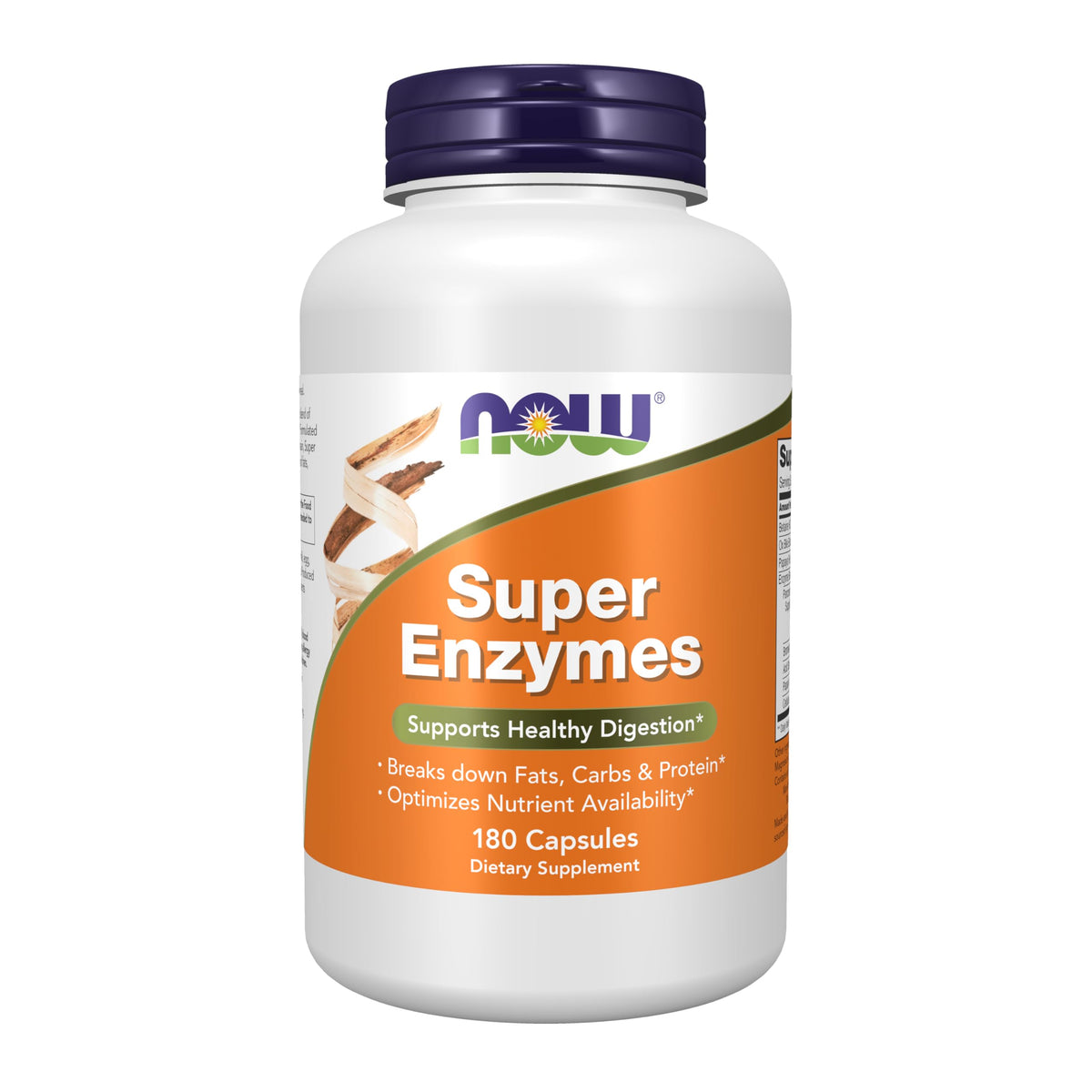 NOW Foods Super Enzymes bottle label highlights the enzyme blend for digestion support.