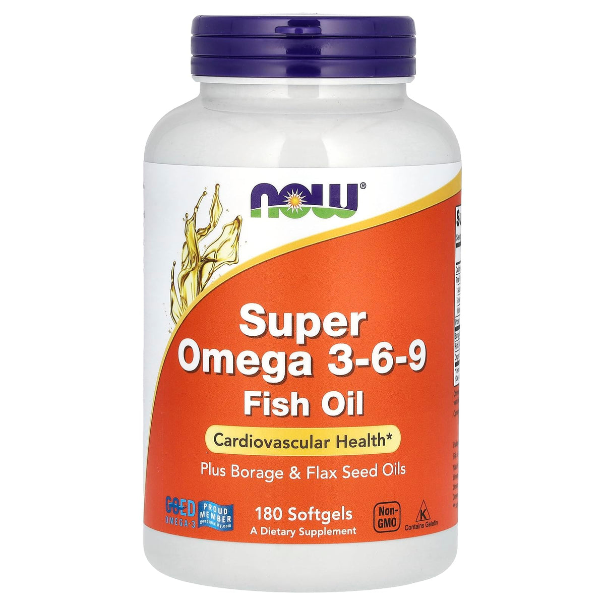 NOW Foods Super Omega 3-6-9 softgels bottle for daily heart and skin support.