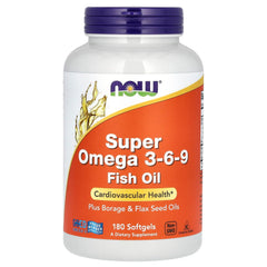 NOW Foods Super Omega 3-6-9 softgels bottle for daily heart and skin support.