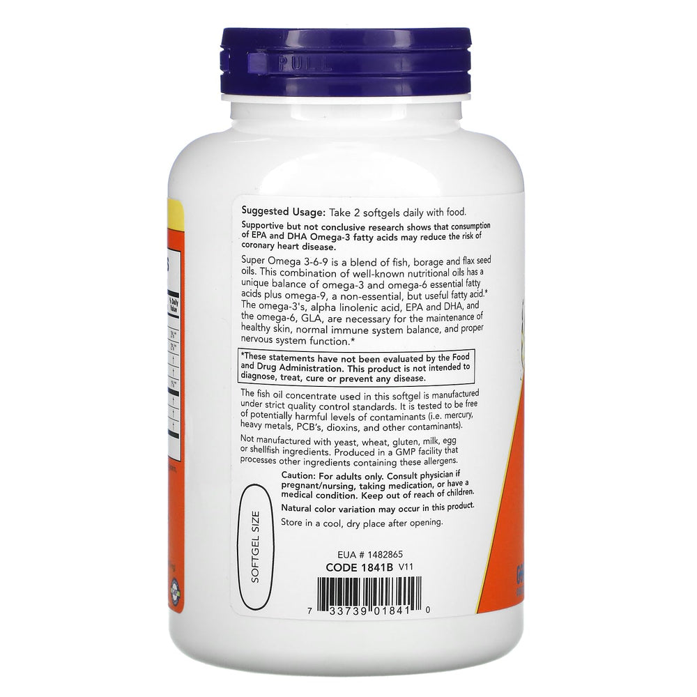 NOW Foods Super Omega 3-6-9 label close-up showing fish, borage, and flax oil blend.